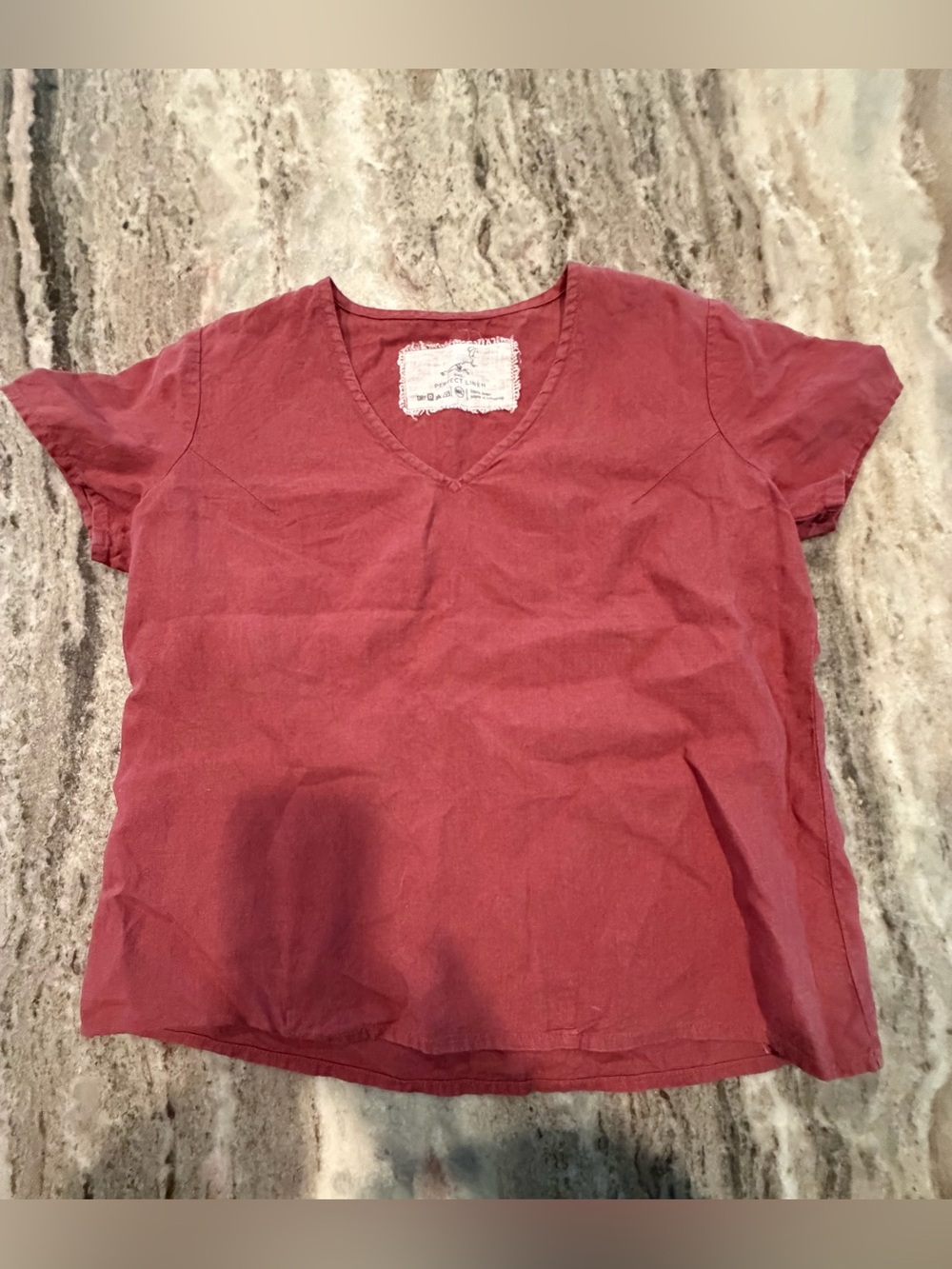 Not Perfect Linen Women's Top. Wine Color V Neck Shirt Sleeve. M/L